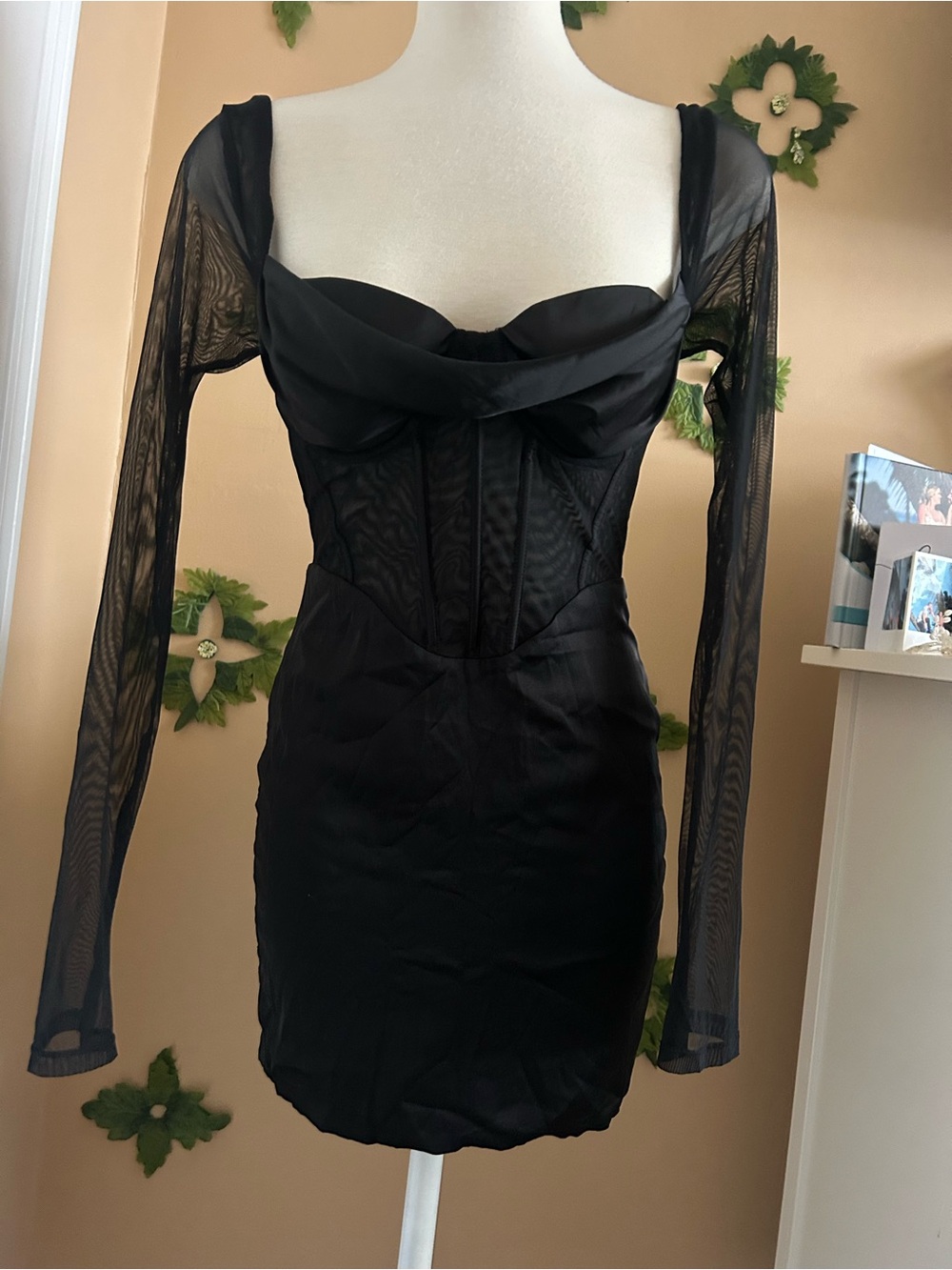 Sleek Black Mesh Sleeve Corset Mini Dress - Picture 4 of 5